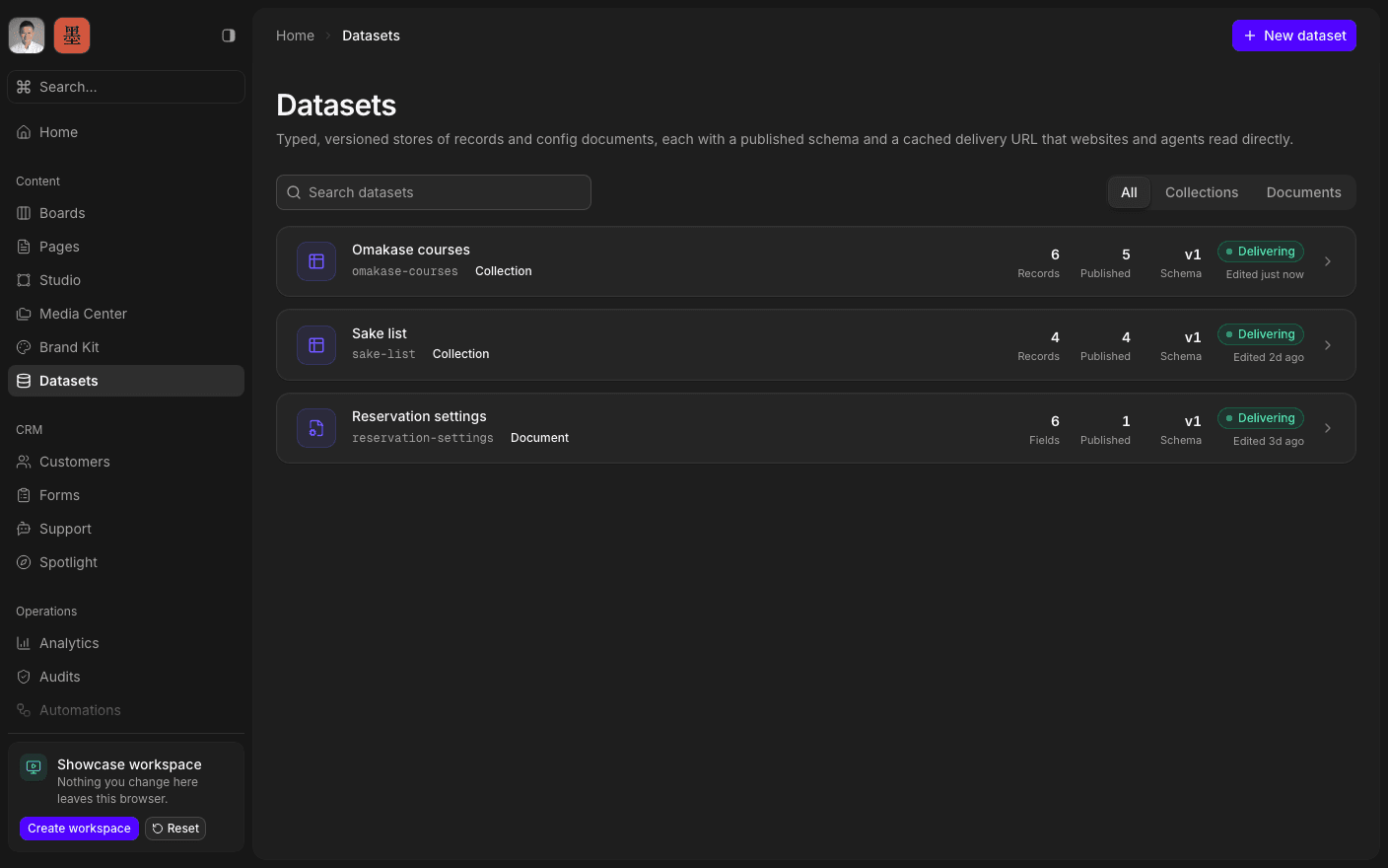 The SharpOS Datasets surface, on a made-up workspace