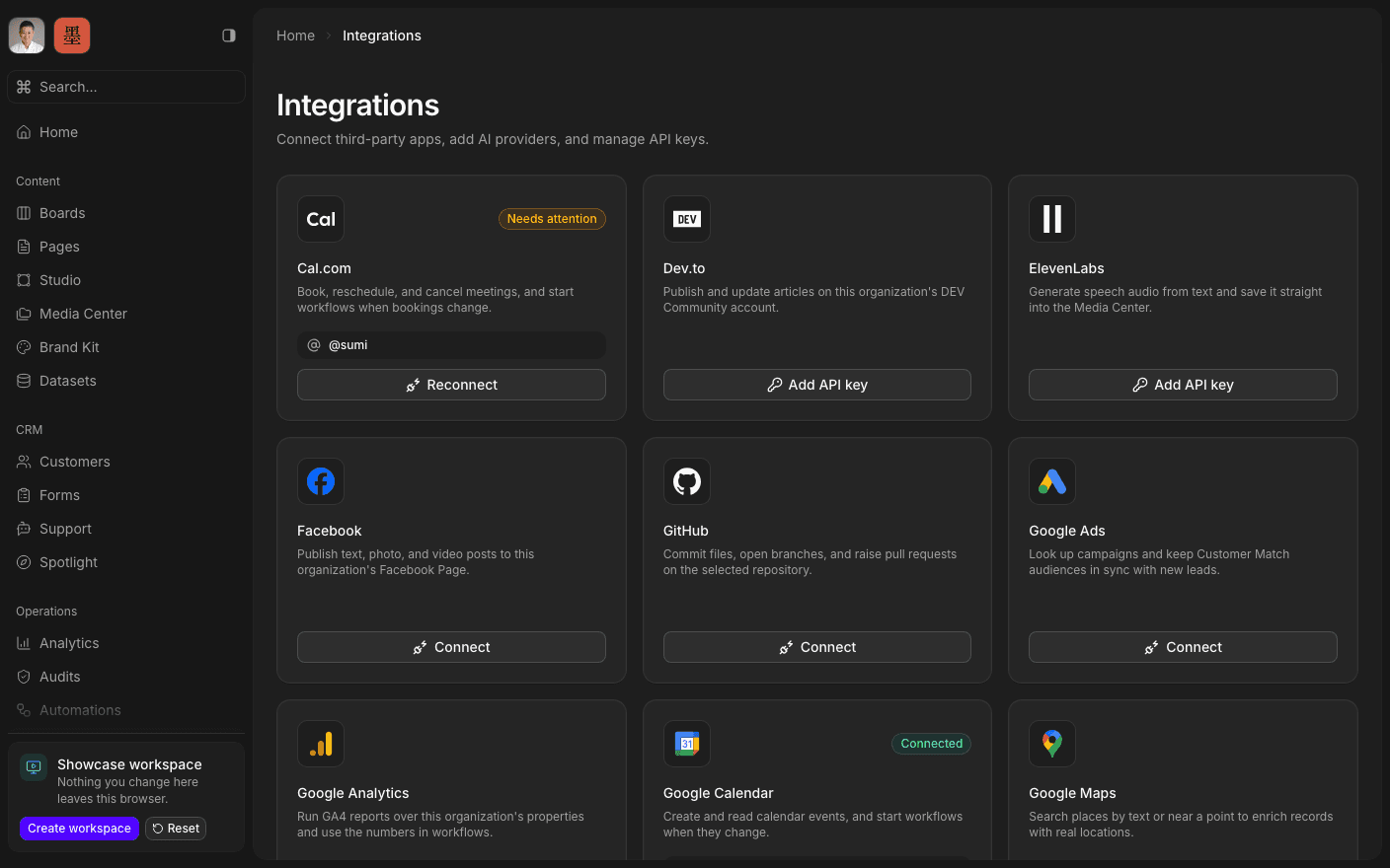 The SharpOS integrations screen, showing connectable providers and API keys