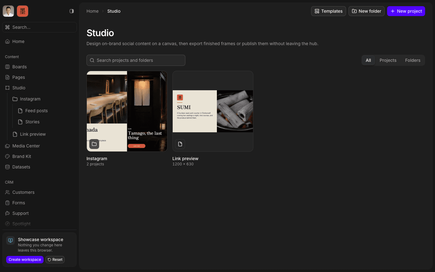 The SharpOS studio gallery, showing on-brand Instagram and link-preview designs
